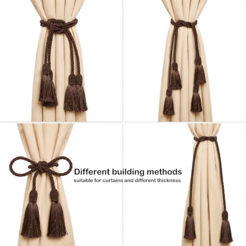Image of 4 Pack Curtain Tiebacks Handmade Decorative Curtain Holdbacks Rope with Tassel - Brown