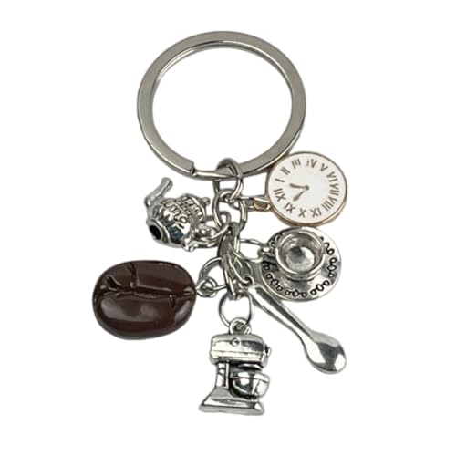 Llavero Cafetería - Llaveros con reloj, tetera, grano de café, taza con platillo, cuchara y batidora eléctrica - Accesorio de llaves amantes Café, Té, Cafetería Tetería - Llavero unisex hombre y mujer