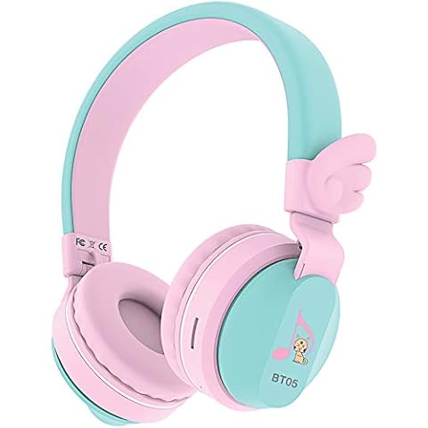 Riwbox BT05 Bluetooth Kids Headphones Wireless Foldable Headset Over Ear with Volume Limited and Mic/TF Card Compatible for iPad/iPhone/Tablet (Pink&Green) Cover