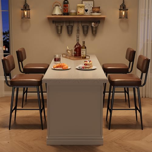 Image of GarveeHome Bar Stools Set of 4, 26 inch Brown Faux Leather Counter Height Bar Stools with Backs, Modern Upholstered Barstool Chairs with Metal Legs for Kitchen Island, Home Bar, Dining Room