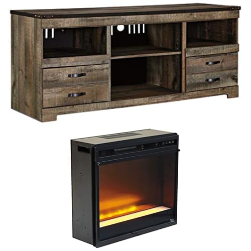 Ashley Furniture Signature Design - Trinell Entertainment TV Stand with Contemporary Stone Fireplace Unit Included - Dark Brown