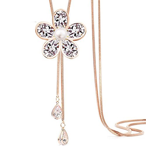 Z-Jeris Women Crystal Flower Pendant Long Chain Tassel Necklace