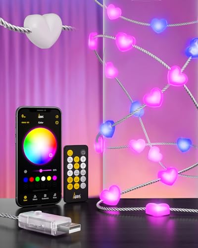 Decorative Lights, 22.9 FT 100 RGB LED Heart String Lights,USB-Powered Fairy Lights with Transparent...