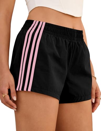 Plameil Shorts for Women Sweat Track Athletic Boxing Shorts Summer Low Rise Mini Side Stripes Gym Y2k Cute Girls Athleisure Clothing (Black Pink S)