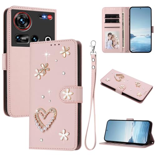Jiajihua Case Compatible with ZTE Nubia Z70 Ultra Lanyard【Card Holder Wallet Flip Cover Magnetic Buckle Kickstand】 Pink