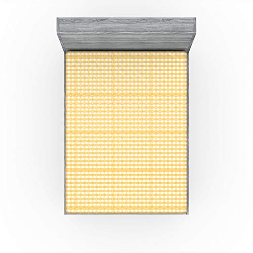 Ambesonne Vintage Fitted Sheet, Gingham Pattern With Bicolor Checkered Squares With Heart Shaped Motifs, Soft Decorative Fabric Bedding All-Round Elastic Pocket, Queen Size, Mustard White #TOP1