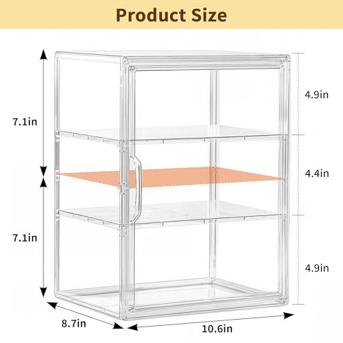 Image of Attelite Acrylic Display Case for Collectibles, Clear Storage Bin with 3 Adjustable Layers, Stackable Storage Box with Magnetic Door for Figures, Home Office,Large,3 Tier Clear Storage Bin,2Pack