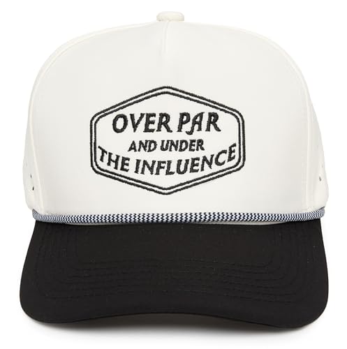 Funky Junque Golf Hat for Men - Performance Waterproof 5 Panel Rope Trucker Snapback Breathable Workout Cap - Over Par & Under the Influence - Black/Beige