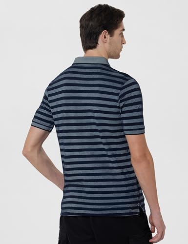 Image of Peter England Men's Cotton-Polyester Blend Striped Polo T-Shirt | Casual Wear | Durable & Trendy