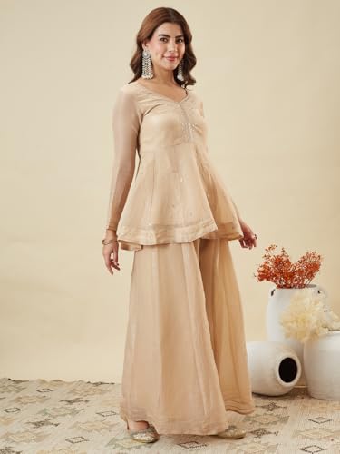 Image of MOKOSH Women's Silk Embroidery Peplum Kurta Sharara with Dupatta | Anarkali Kurta Set | Sweetheart Neck Full Sleeve Ethnic Suit | 3 Piece Outfit | Indian Kurta Outfit With Sharara