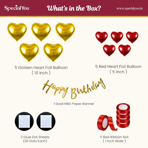 Image of SpecialYou Ribbon Bows For Decoration Gold Heart Birthday Decoration Kit | Satin Red & Gold Heart Foil Balloons, Happy Birthday Banner, Romantic Party Decor for Birthday Celebration