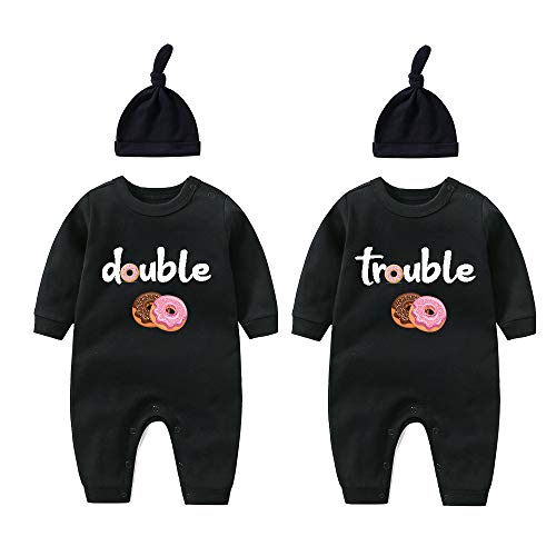 culbutomind Body bébé jumeaux bébé double colère mignon tenue avec chapeau garçon fille bébé pyjama jumeaux cadeau, Black Donut., 3-6 mois Cover