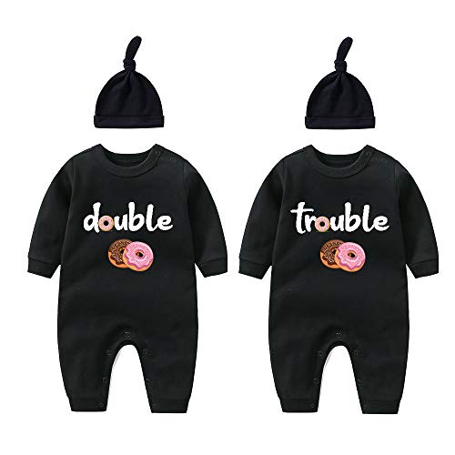 YSCULBUTOL Twins Bodysuits Funny Double Trouble Pack of 2 Twins Set with hat（sweet BLACK3M）