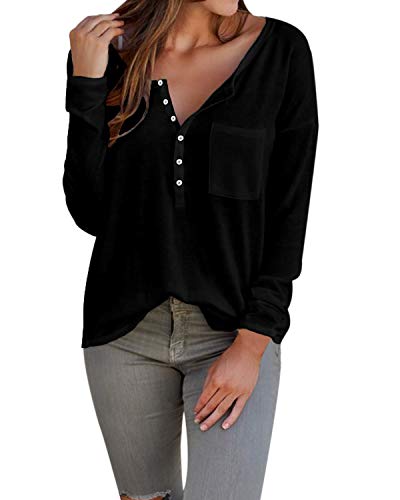 ACHIOOWA Femme Sexy Shirt Col V Manches Longues Lâche Haut Tops Tunique Blouse C-Noir S