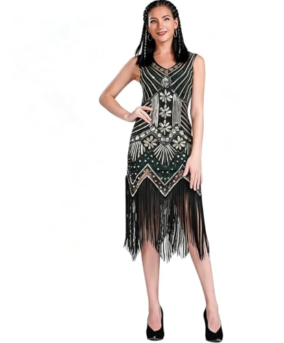 ELECLAND 1920s Flapper Dresses for Women, Fringed Sequin Great Gatsby Dress for Women Roaring 20s Costumes (Green, X-Large)
