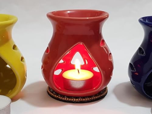 Image of Pure Source India Ceramic Aroma Oil Diffuser Gift Set with 10ML Relaxing Oil & Tealight Candles | 97 Burner for Home Fragrance & Relaxation | Ideal for Gifting & Home Decor (Red)