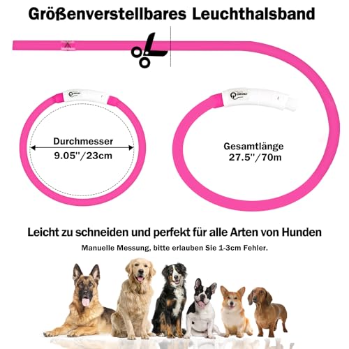 Nepfaivy Leuchthalsband Hund USB Aufladbar - Wasserdichtes Hundehalsband Leuchtend mit Verstellbarer Länge, LED Halsband für Hunde mit 3 Beleuchtungsmodi für Sicherheit, Rosa