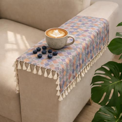 Image of STITCHNEST Printed Quilted Sofa Arm Cover with Tassels | Stylish Hand Rest Protector | Soft & Durable | 18 x 22 Inches