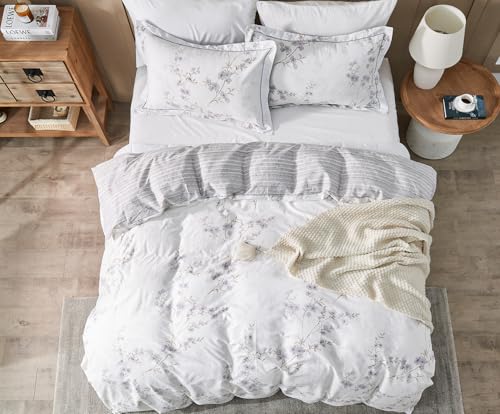 Image of SLEEPBELLA Reversible Duvet Cover King, Elegant Purple Blossom on White, Soft and Breathable