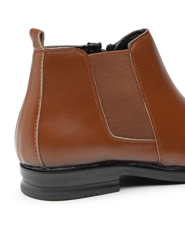 Image of Men's Stylish Vegan Leather Chelsea Boots with Side Zipper & Elastic Panel, Square Toe Ankle Boot (Tan /Black /Brown)