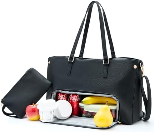 Lunch Tote Bag for Women, 15.6 Inch PU Leather Laptop Bag with Leakproof Lunch Box Pocket,Waterproof Large Capacity Computer Handbag with Purse for Daily, Office, Picnic,Work,Office,Casual, Black