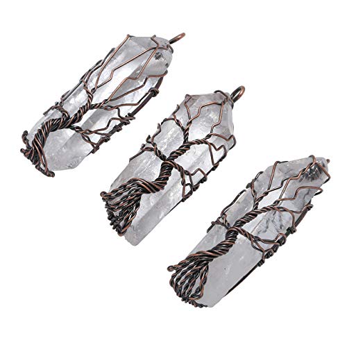 Jovivi Healing Crystal Stone Necklace Wire Wrapped Raw Clear Crystal Quartz Tree of Life Pendant Gemstone Chakra Necklace for Women
