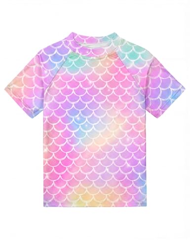 Image of Girls Swimsuit Colorful Short Sleeve Bathing Suits UPF 50+ Rash Guard Set Two Piece Summer Swimwear