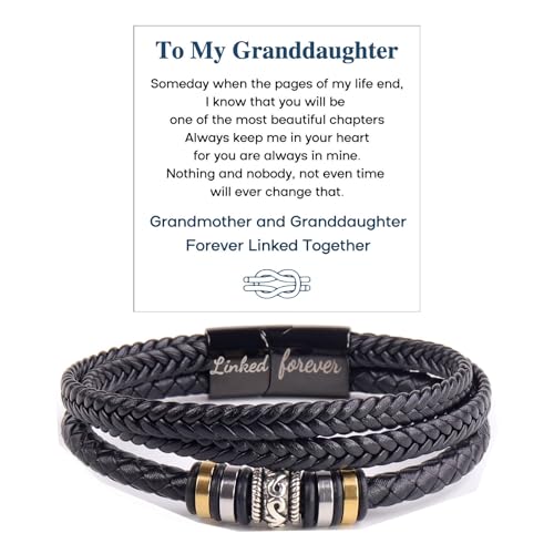 Grandmother and Granddaughter Forever Linked Together Braided Leather Bracelet To My Granddaughter Infinity Knot Leather Bracelet Stainless Steel Engraved Jewelry for Birthday Christmas19CM LF Black