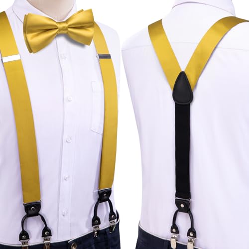 Image of Hi-Tie Men Suspender Bowtie Set Suspenders Pre-tied Bow Tie Pocket Square Cufflinks Adjustable Y Shape 6 Clips Braces Tuxedo