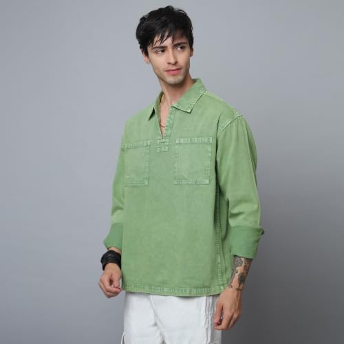 Image of Men's Denim Oversized Tshirt | Full Sleeve | Spread Collar | Casual Wear