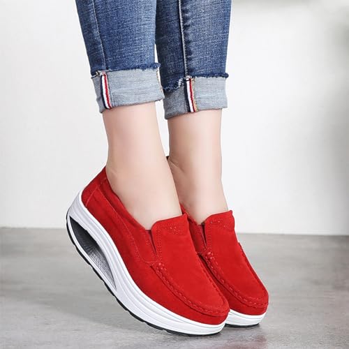 Image of Aceptolcom Women's Red Suede Platform Wedge Loafers, Casual Comfort Good Arch Support Slip On Shoes, Size 4.5-9.5