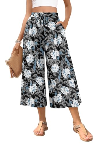 POPYOUNG Summer Womens Capri Wide Leg Pants Palazzo Pants Drawstring Dressy Casual Trousers with Pockets