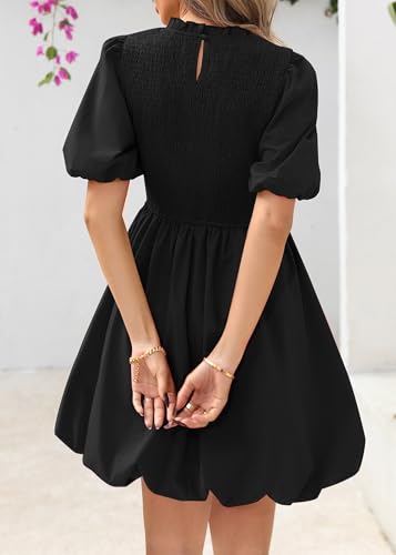 KIRUNDO Womens Summer Smocked Mini Dress 2025 Spring Puff Short Sleeve Boho Ruffle Crewneck Bubble A Line Short Dresses2