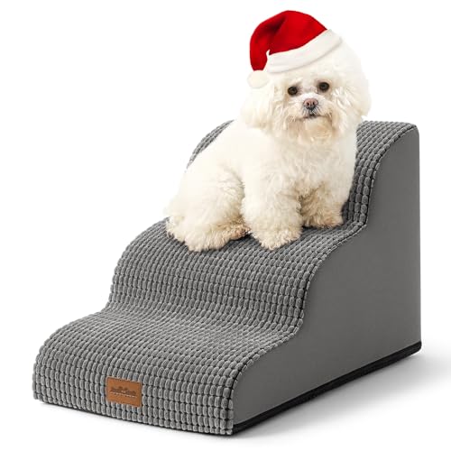 Dog Stairs for Small Dogs, Curved Dog Step with Leakproof Cover, High Density Foam Pet Ramp for Bed or Couch, Stairs for Puppy Dogs and Older Cats, 15.7x22.4x15.7 inch, 3 Tiers, Light Grey