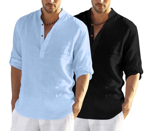 Image of Zombom Men's Combo Cotton Polyester Blend Solid Full Sleeve Straight Regular Fit Mandarin /Chinese Collor Kurta (Pack of 2)