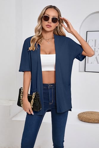 Image of Iandroiy Women's Lightweight Open Front Cardigans Casual Short Sleeve Blouse Tops