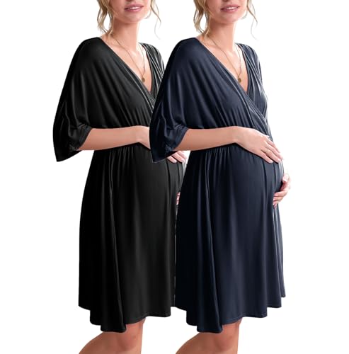 Image of Ekouaer 3 in 1 Labor/Delivery/Hospital Gown 2 Pack Maternity Dress Nursing Nightgown Sleepwear