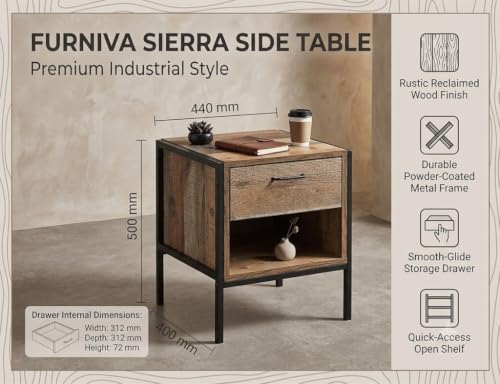 Image of Sierra Side Table with Drawer & Open Storage Shelf | Engineered Wood Bedside Table with Powder-Coated Metal Frame | Modern End Table for Bedroom & Living Room | Rustic Reclaimed Wood Finish