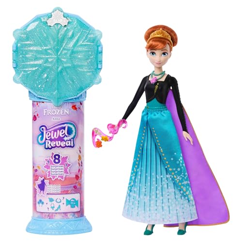 Mattel Disney Frozen Boneca Anna da moda e acessórios com 8 surpresas, incluindo uma caixa de jóias em forma de floco de neve, um anel para crianças e 9 peças de jogo, inspirada no filme, JJY37
