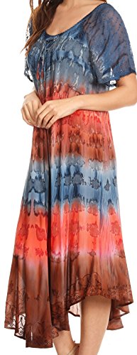 Sakkas Sula Tie-Dye Wide Neck Embroidered Boho Sundress Caftan Cover Up3