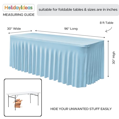 Image of HolidayIdeas Spandex Table Skirts for Rectangle Tables 8 Ft, Fitted Stretch Table Cover 30x96 Inch, Wrinkle-Free Ruffle Design Tablecloths for Banquets,Trade Shows, Parties, Events, 4 Pack, Baby Blue