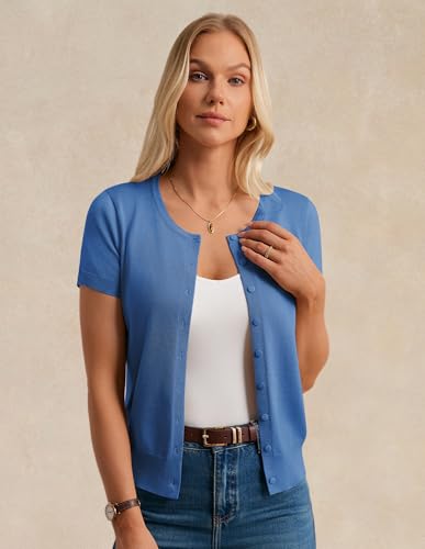 Image of GRACE KARIN Women Short Sleeve Cardigan, 2026 Summer Knitted Sweater Tops, Basic Crew Neck Crop Outfits
