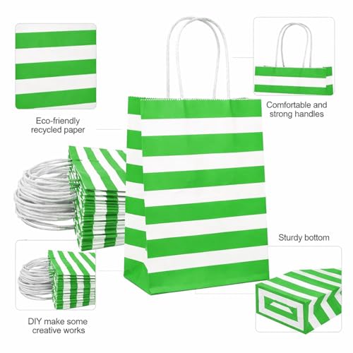 Image of Aakriti Striped Paper Gift Bags | Medium Size 10 x 4 x 12 Inches Gift Bags with Handles for Birthday Return Gifts, Party Favors & Shopping Mix Color Blue, Red, Yellow, Green & Black Pack of 50
