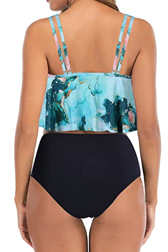 Image of Women High Waisted Bikini Swimsuit Flounce Vintage 2 Piece Bathing Suits | Vintage,tummy control,two piece bathing suits,plus size,swimwear,ruffled,tankini top,bikini bottom