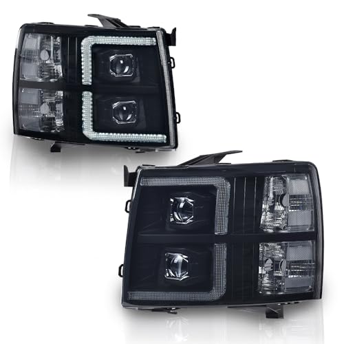 GRAND ORANGE LED Tube Dual Projector Headlights Assembly w/Bulbs Compatible with Chevy Silverado 1500 2007-2013/Chevy Silverado 2500 3500 & HD 2007-2014 Smoke Lens Black Housing Clear Reflector Pair