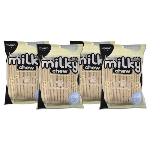 Image of Dogaholic Milky Chew Stick Style Dog Treats Pack of 4, Milk-Flavoured Rawhide Chews for Dogs of All Ages and Sizes, Supports Strong Teeth and Bones, 30 Sticks Per Pack