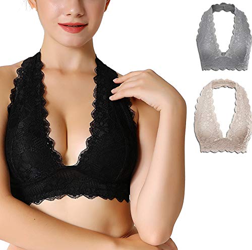 JOJOANS 3 Pack Floral Lace Bralette for Women Halter Bralette Top Hook and Eye Closure Back Unpadded Wirefree Sexy Lace Bra(XL, Black+Nude+Grey)â€¦