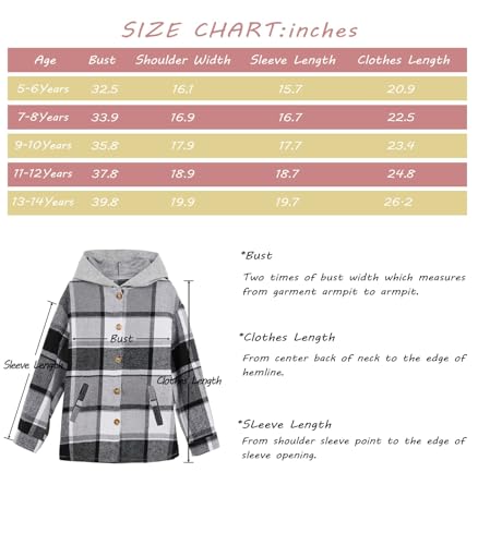 Girls Flannel Plaid Button Down Top with Pockets Long Sleeve Hooded Jackets Length Below Hip Circumference4