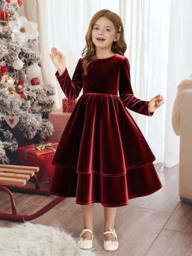 Girls Velvet Dress with Bow Fall Winter Long Sleeve Tiered Holiday Birthday Party Dresses for Girls 2-14Y2