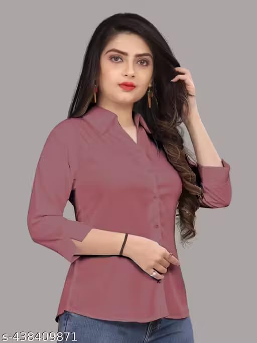 Image of Women's Cotton Blend Solid Formal Shirt with 3 /4 Sleeves-Navy Blue P4